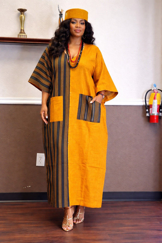 Mustard and Black Mix Aso-Oke Panel Bubu Dress