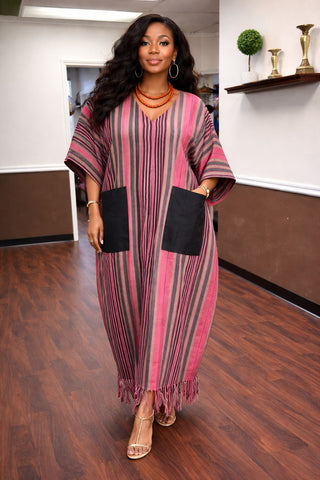 Elegant Red and Black Mix Aso-Oke Fringe Bubu Dress