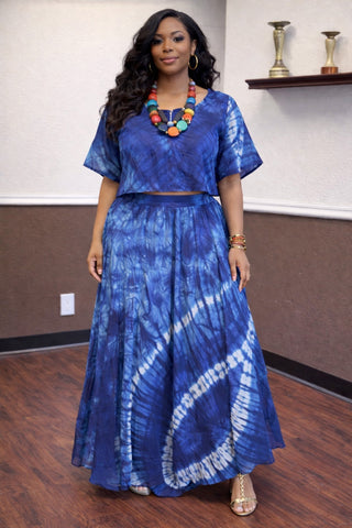 Blue Tie-Dye Chiffon Flare Skirt & Crop Blouse Set