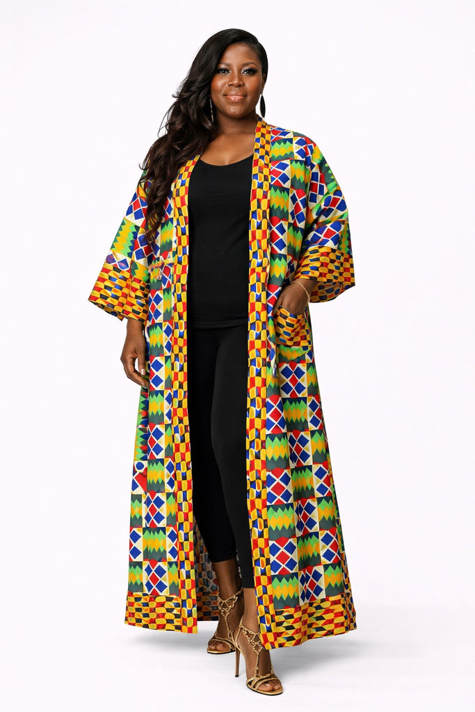 Bold Multicolor Ankara Kimono with Black Tank & Leggings Set