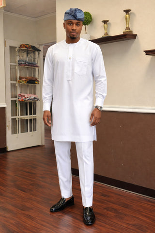 Classic White African Senator Set – Center Flap Detail with Curved Chest Pocket