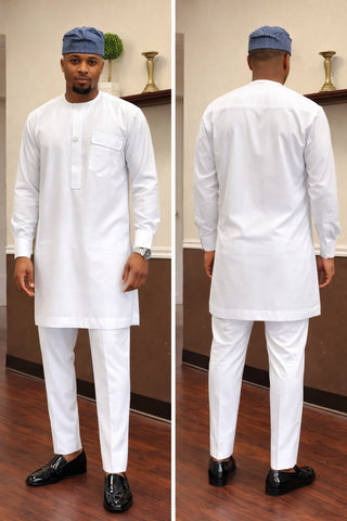 Classic White African Senator Set – Center Flap Detail with Curved Chest Pocket