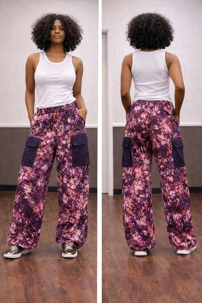 Purple Storm Tie-Dye Baggy Cargo Pants with Oversized Flap Pockets