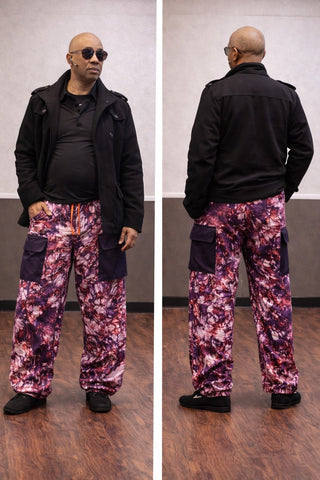 Purple Marble Tie-Dye Baggy Cargo Pants with Dual Oversized Flap Pockets
