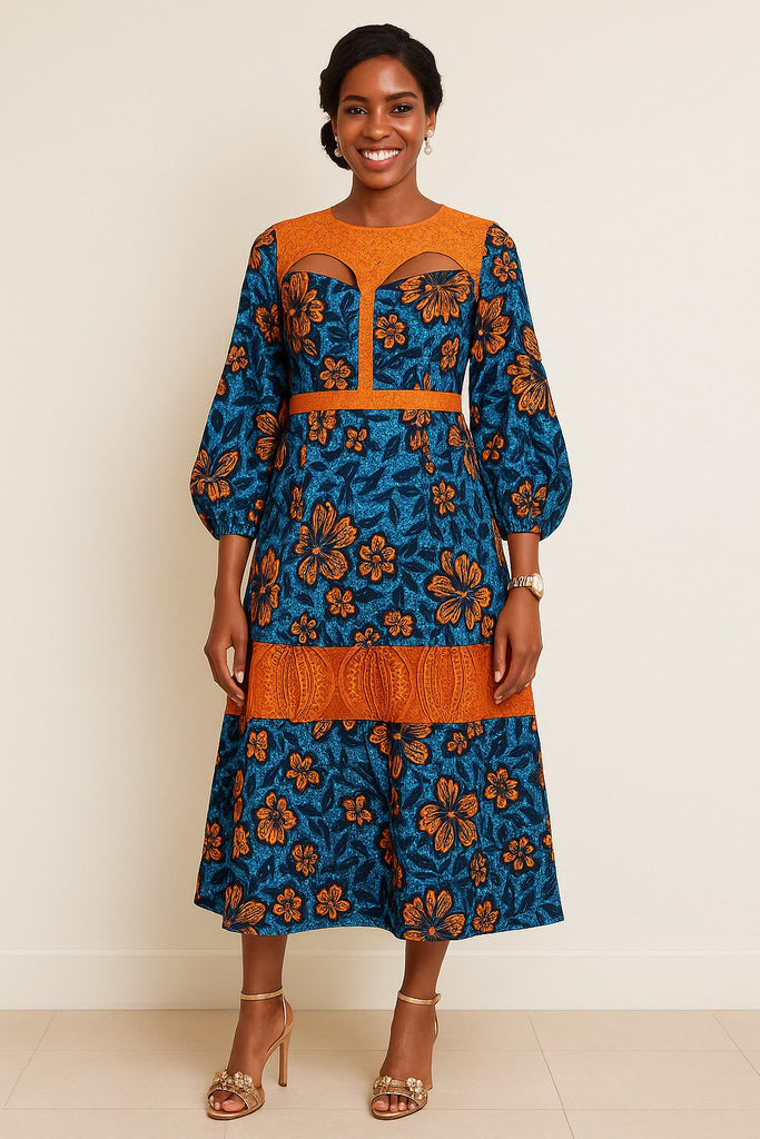 Elegant Ankara Floral Midi Dress with Orange Lace Cut-Out Bodice –  FloFlourish