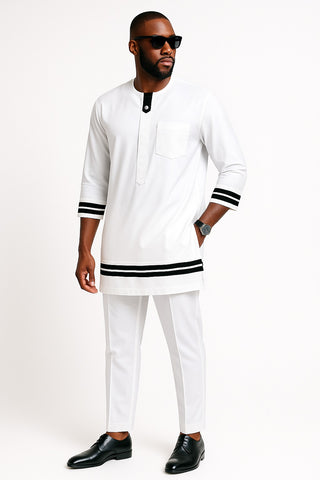 White Regal Tunic Set with Black Trim Accents