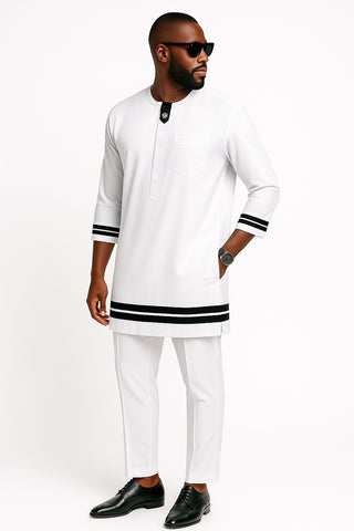 White Regal Tunic Set with Black Trim Accents