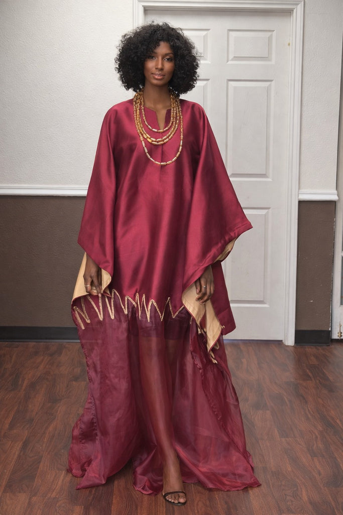 Royal Burgundy Satin Bubu with Gold Accent Detailing