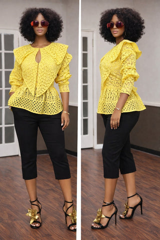 Sunlit Grace: Structured Yellow Lace Peplum Top with Neck Flap"