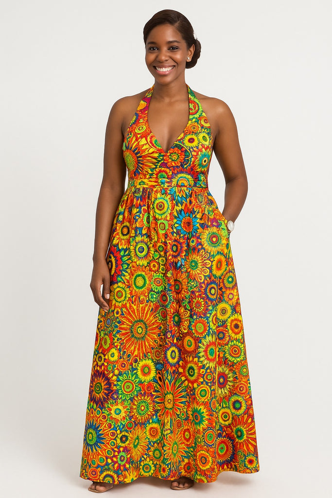 Vibrant Multicolor Halter-Neck Maxi Dress with Pockets FloFlourish Vibrant Multicolor Halter-Neck Maxi Dress with Pockets FloFlourish