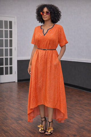 Orange Eyelet Midi Dress with Contrast Neck & Side Pocket Large Orange Eyelet Midi Dress with Contrast Neck & Side Pocket Large