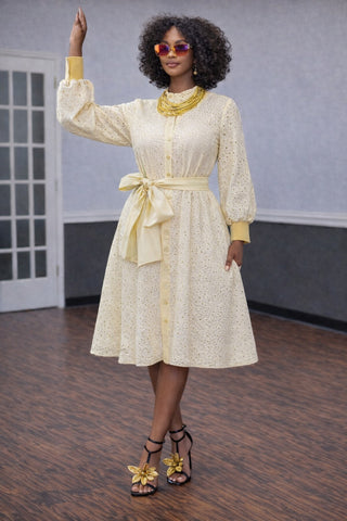 Ivory Eyelet Bishop-Neck Knee-Length Dress with Waist Tie