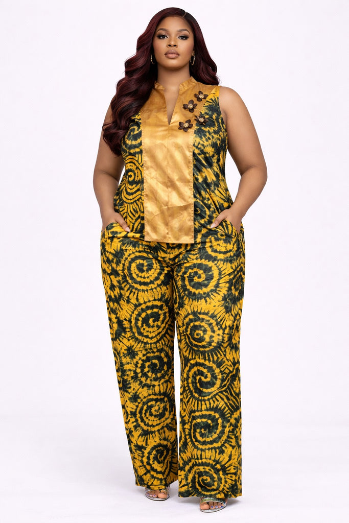 Golden Spiral Bloom – Sleeveless Tie-Dye Pant Set