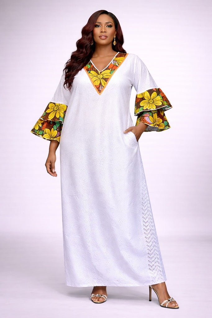 White Dry Lace Kaftan with Ankara Floral Neck and Sleeve Design