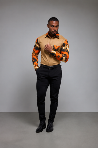 Camel & Orange Tie-Dye Contrast Men's Long Sleeve Shirt