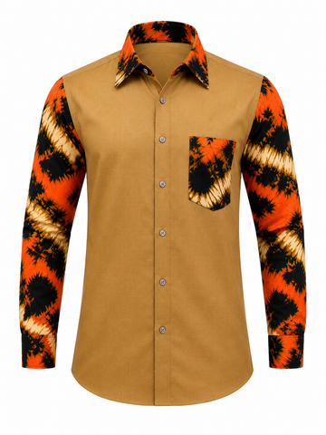 Camel & Orange Tie-Dye Contrast Men's Long Sleeve Shirt