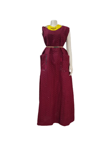 Elegant African Burgundy Eyelet Dress with Ankara Side Accents